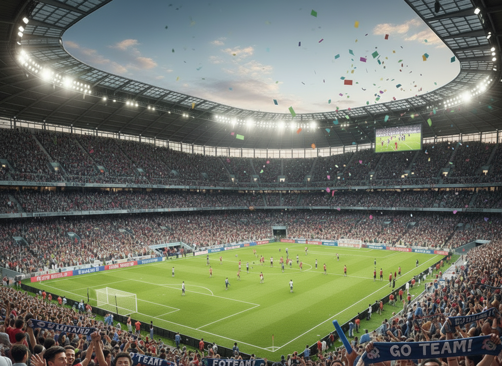 Soccer match in a large stadium with fans cheering and holding banners.