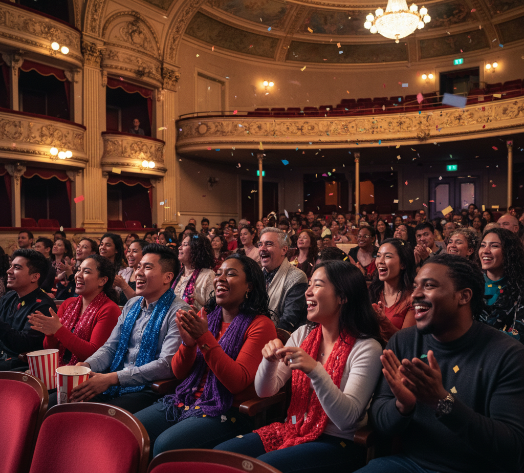 Audience clapping in a theater with red seats and ornate ceiling.