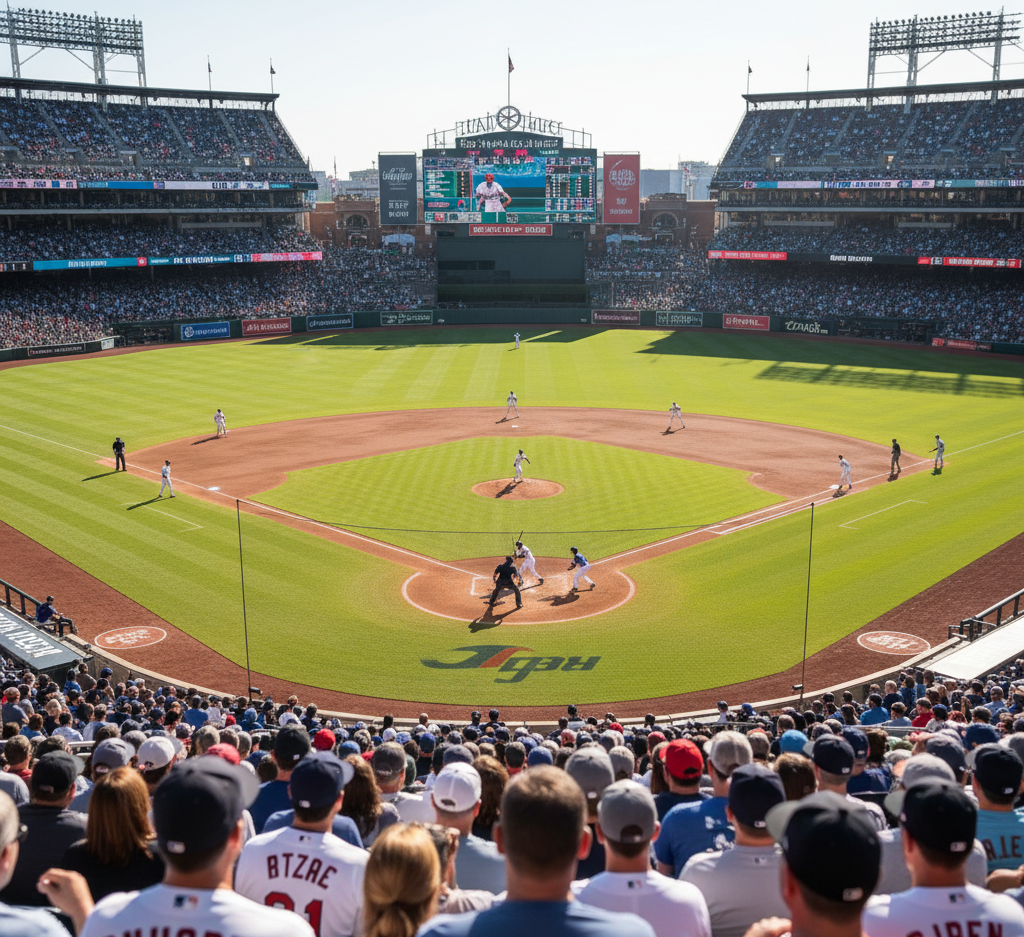Baseball game in progress at a stadium with a large crowd.