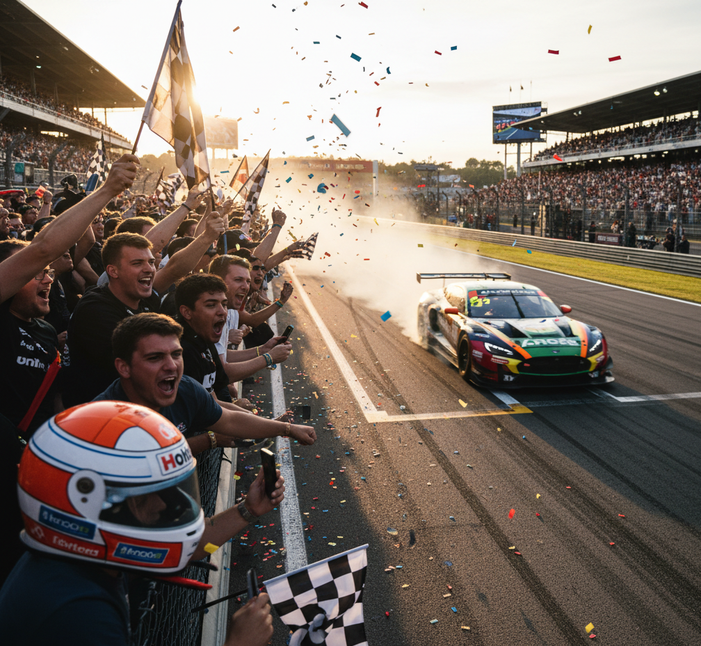 Race car on a track with confetti and spectators celebrating, including a person in a helmet holding a checkered flag.