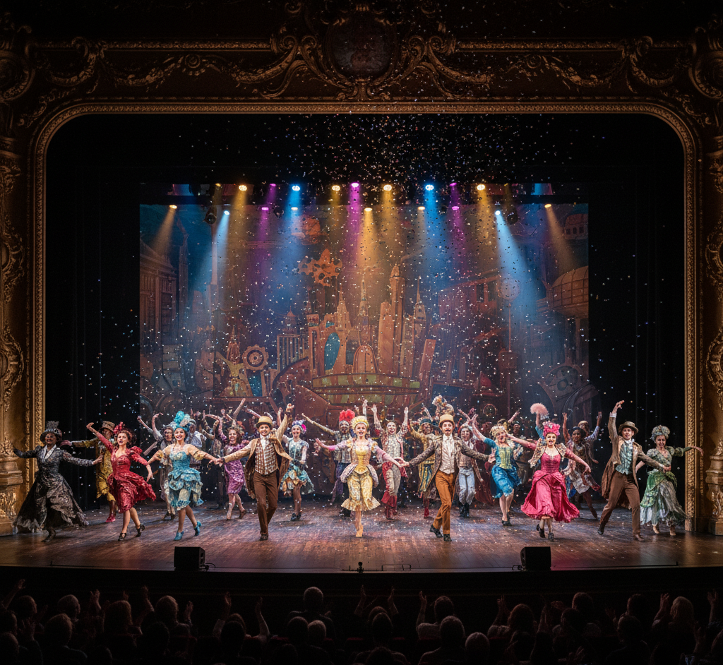 Stage performance with actors in colorful costumes against a large screen backdrop